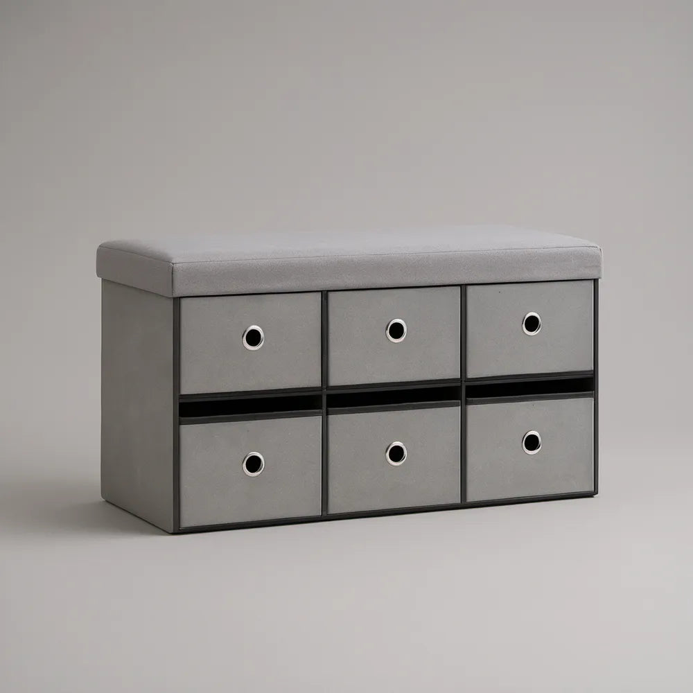 Banco de Arrumação em MDF com Assento Acolchoado e 6 Compartimentos Cinzento/Preto 100 x 35 x 50 cm