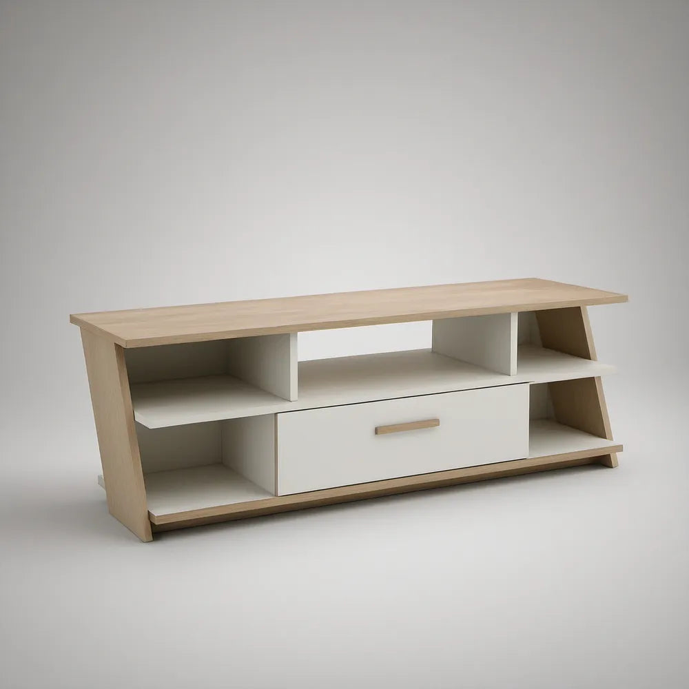Móvel para Televisão com 1 Gaveta e 5 Nichos em Branco e Carvalho Claro, 120 x 40 x 50 cm