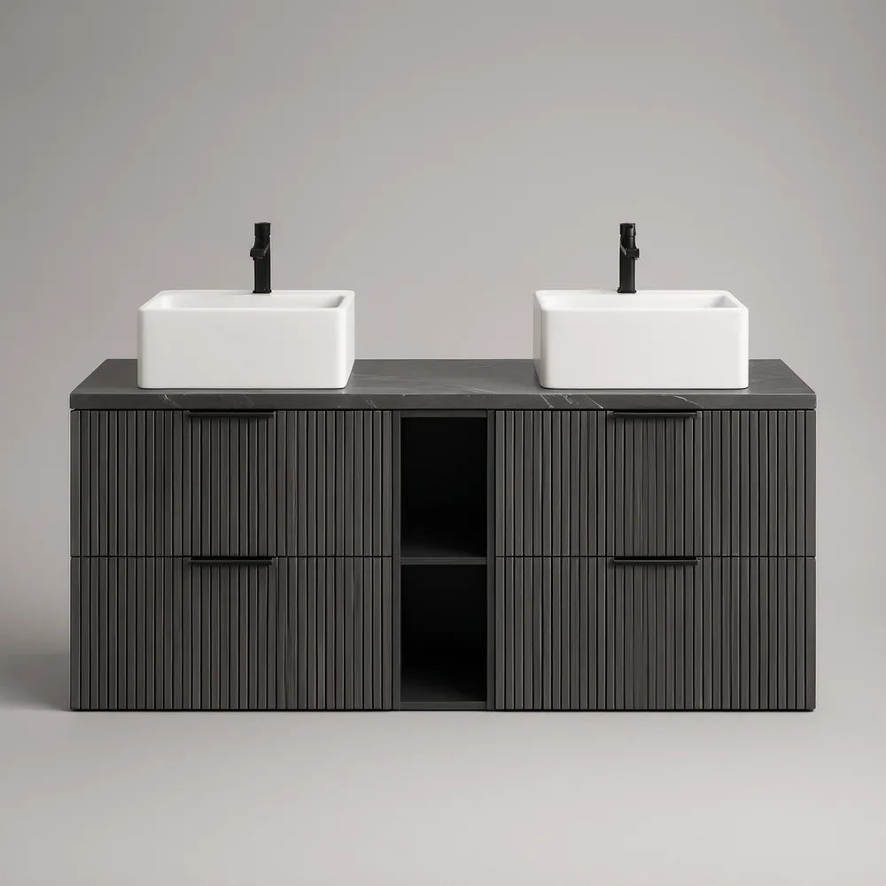 Móvel suspenso para lavatório duplo 140 x 46 x 80 cm em MDF preto, bancada cinzenta e lavatórios brancos