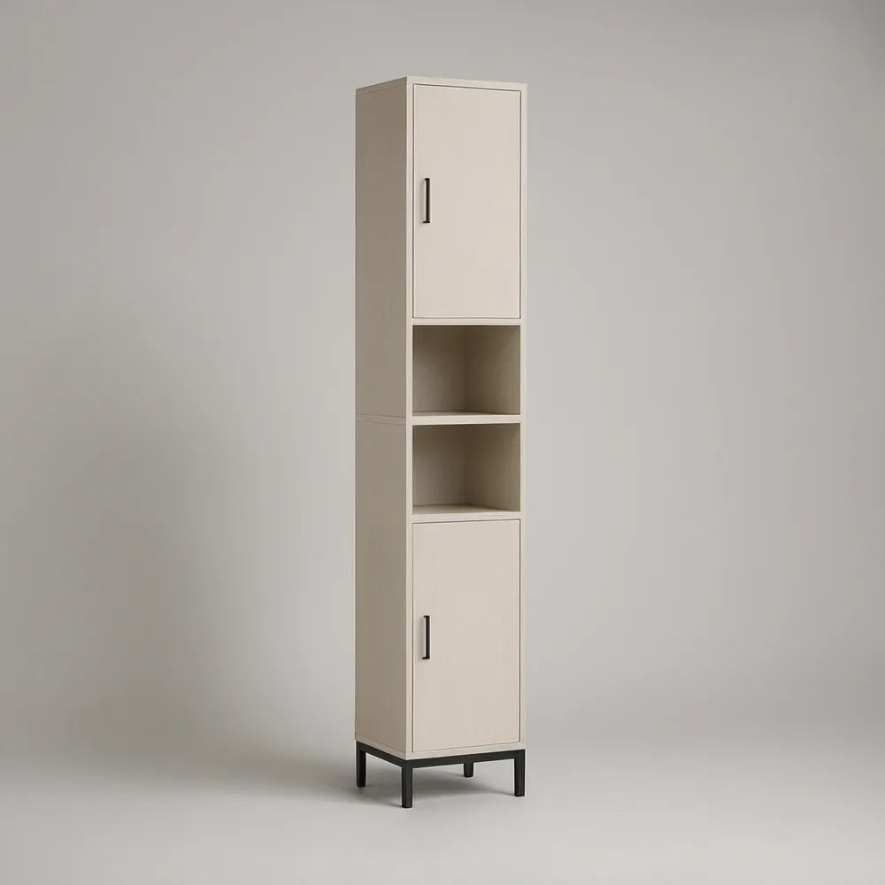 Armário Alto para Casa de Banho em MDF Bege e Preto com 2 Portas e Nichos Abertos, 40 x 35 x 180 cm
