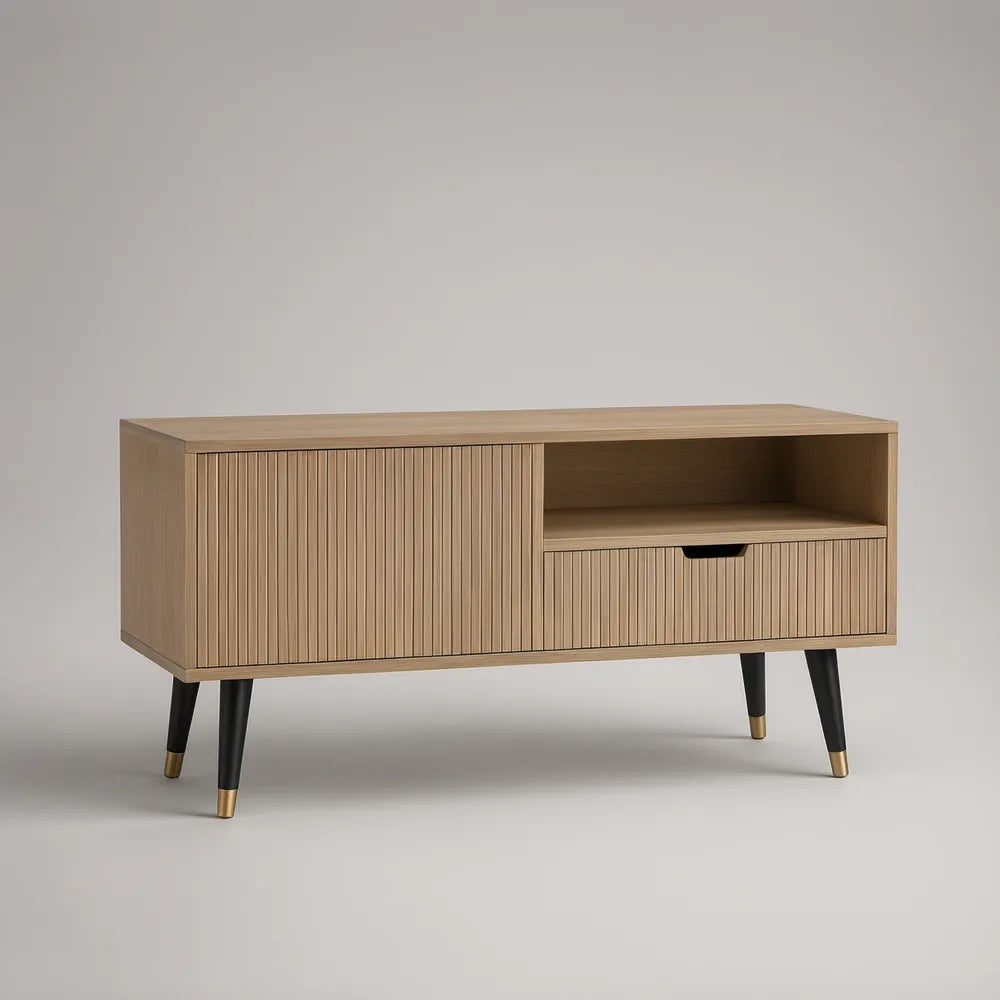 Móvel de TV em MDF Carvalho com Porta Canelada, Gaveta e Nicho Aberto, 120 x 40 x 65 cm