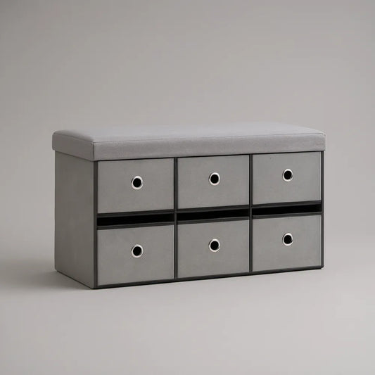 Banco de Arrumação em MDF com Assento Acolchoado e 6 Compartimentos Cinzento/Preto 100 x 35 x 50 cm