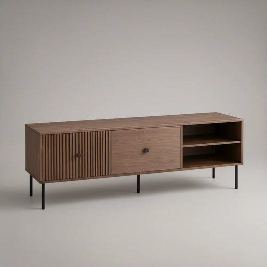 Móvel para TV em MDF com Acabamento Nogueira e Preto, 2 Portas e 2 Nichos, 180 x 40 x 60 cm