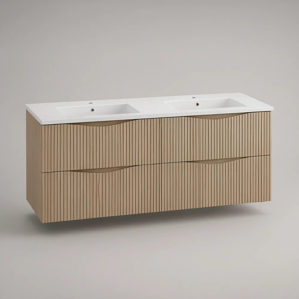 Móvel suspenso para lavatório duplo 120 x 46 x 55 cm em MDF carvalho claro com lavatório em cerâmica branca