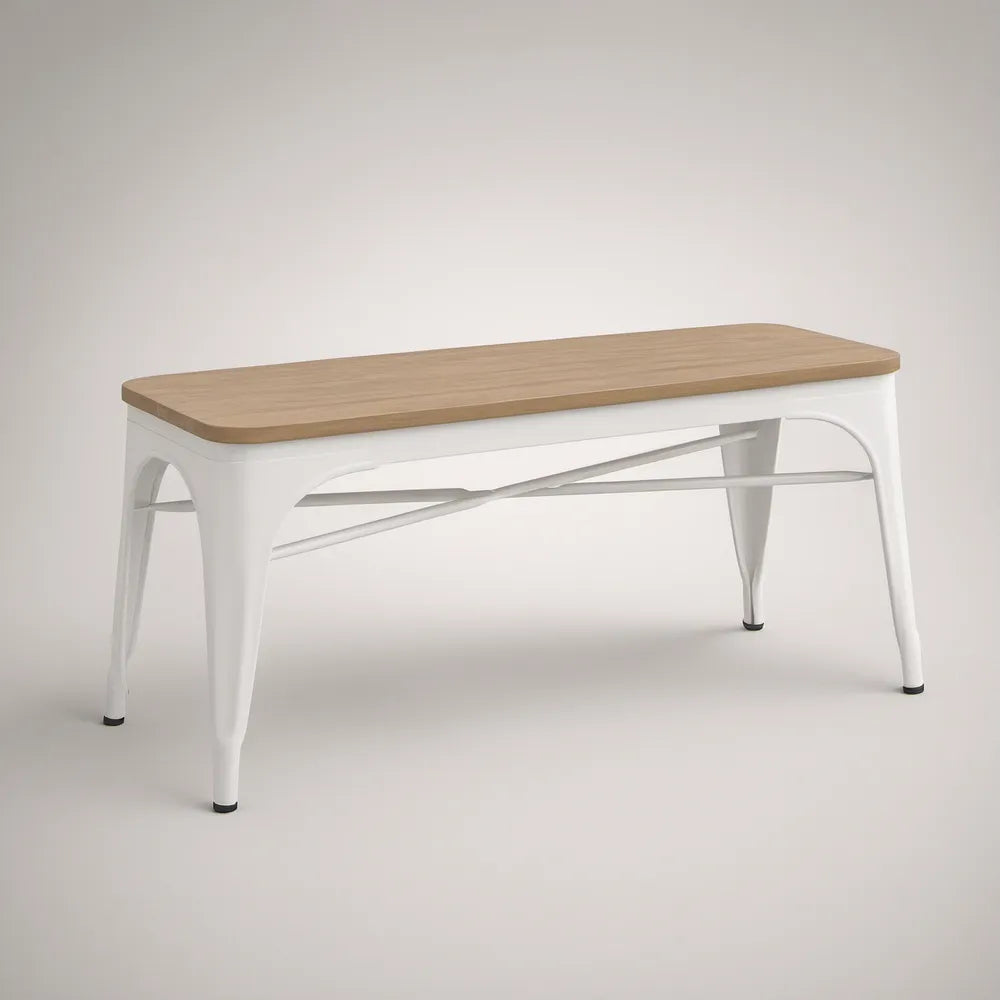 Banco Retangular em Madeira Maciça e Aço Branco 100 x 35 x 45 cm