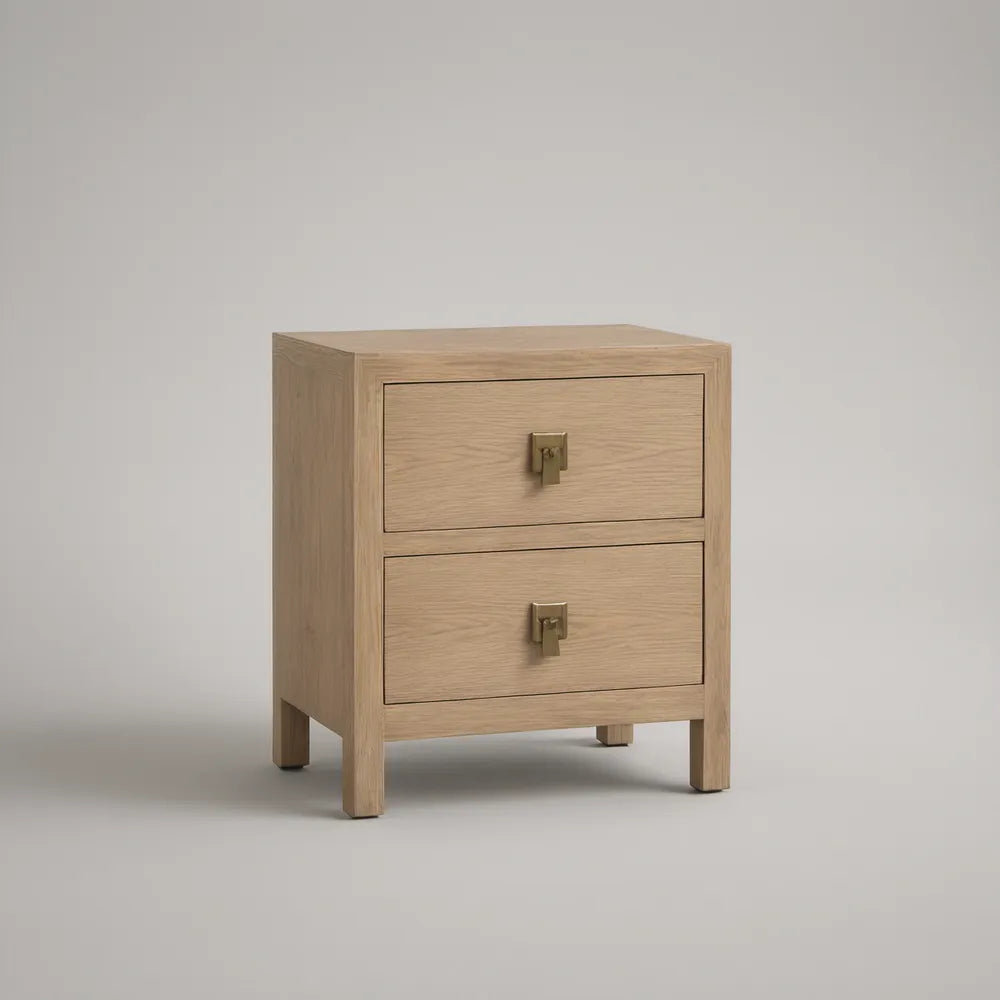 Mesa de Cabeceira com 2 Gavetas em Carvalho Natural e Puxadores Dourados 50 x 40 x 60 cm
