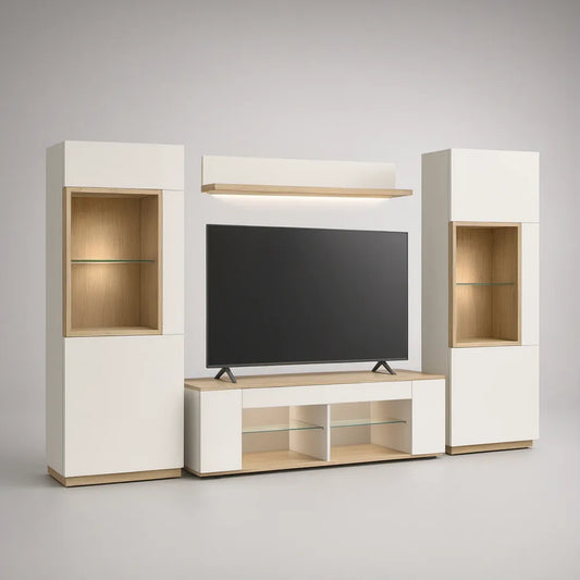 Composição de Sala Branco Mate e Carvalho Claro com 4 Módulos, 300 x 40 x 180 cm