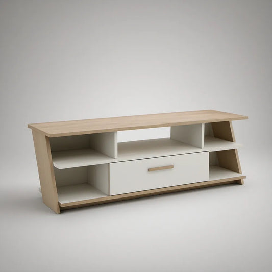 Móvel para Televisão com 1 Gaveta e 5 Nichos em Branco e Carvalho Claro, 120 x 40 x 50 cm