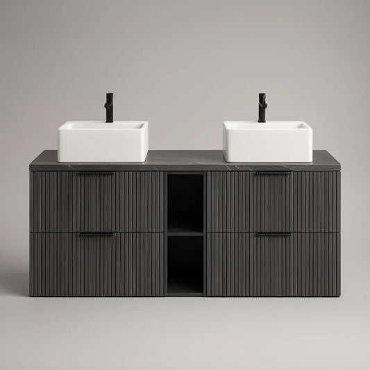 Móvel suspenso para lavatório duplo 140 x 46 x 80 cm em MDF preto, bancada cinzenta e lavatórios brancos