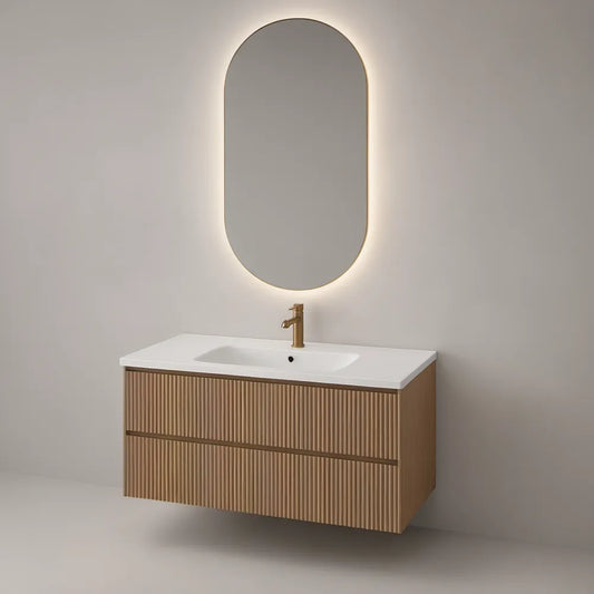 Móvel de Lavatório Suspenso em MDF Castanho Claro com 2 Gavetas, Lavatório Cerâmico Branco e Espelho LED 100 x 46 x 55 cm