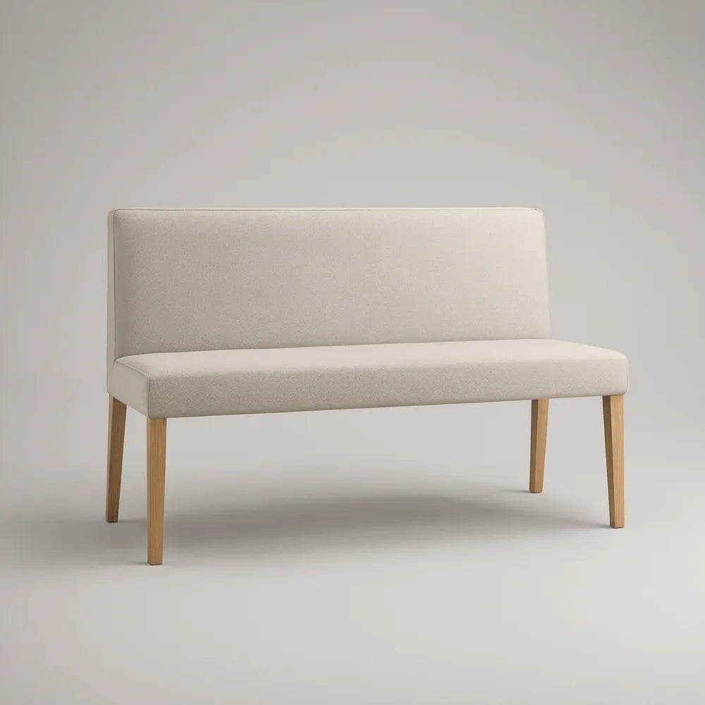 Banco Estofado com Encosto Retangular Bege e Pernas em Faia 120 x 58 x 78 cm