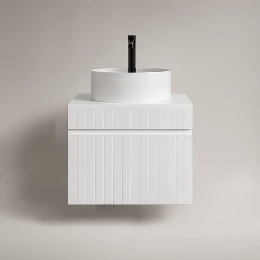 Móvel suspenso em MDF lacado branco mate com lavatório circular em cerâmica, 80 x 46 x 60 cm