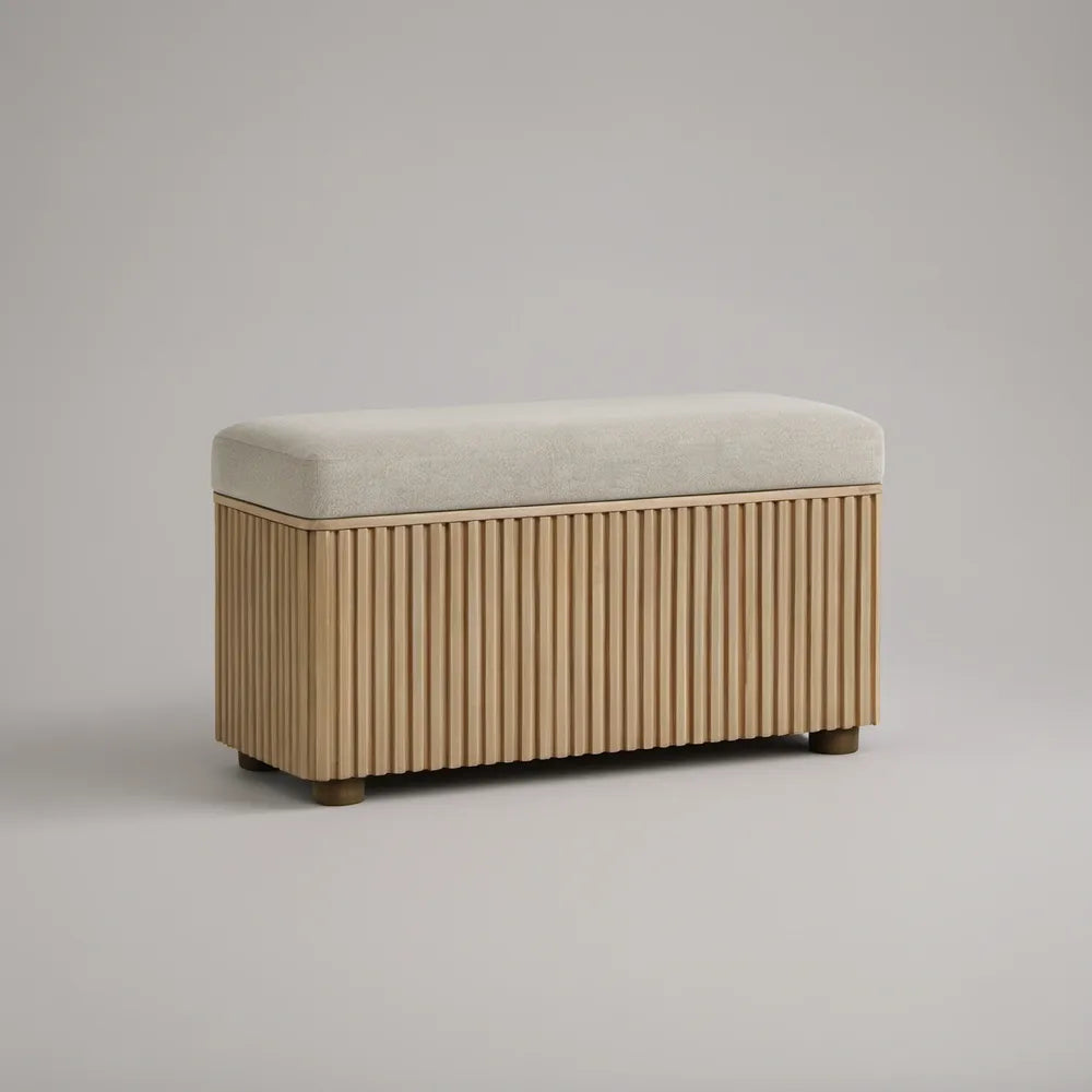 Banco Estofado Retangular em MDF Folheado a Carvalho Natural, Bege e Castanho, 100 x 40 x 45 cm