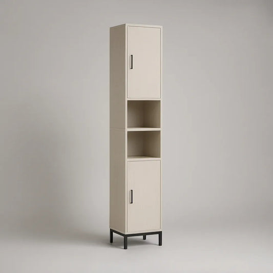 Armário Alto para Casa de Banho em MDF Bege e Preto com 2 Portas e Nichos Abertos, 40 x 35 x 180 cm