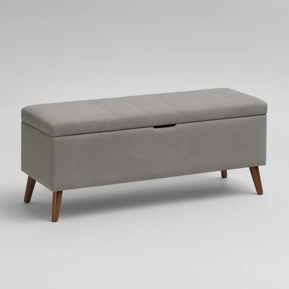 Banco de Pé de Cama com Arrumação em Poliéster Cinzento e Pés Castanhos, 120 x 40 x 45 cm