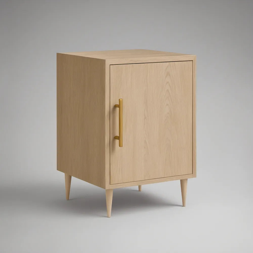 Mesa de Cabeceira com Porta, Efeito Carvalho Natural e Puxador Dourado, 45 x 35 x 65 cm