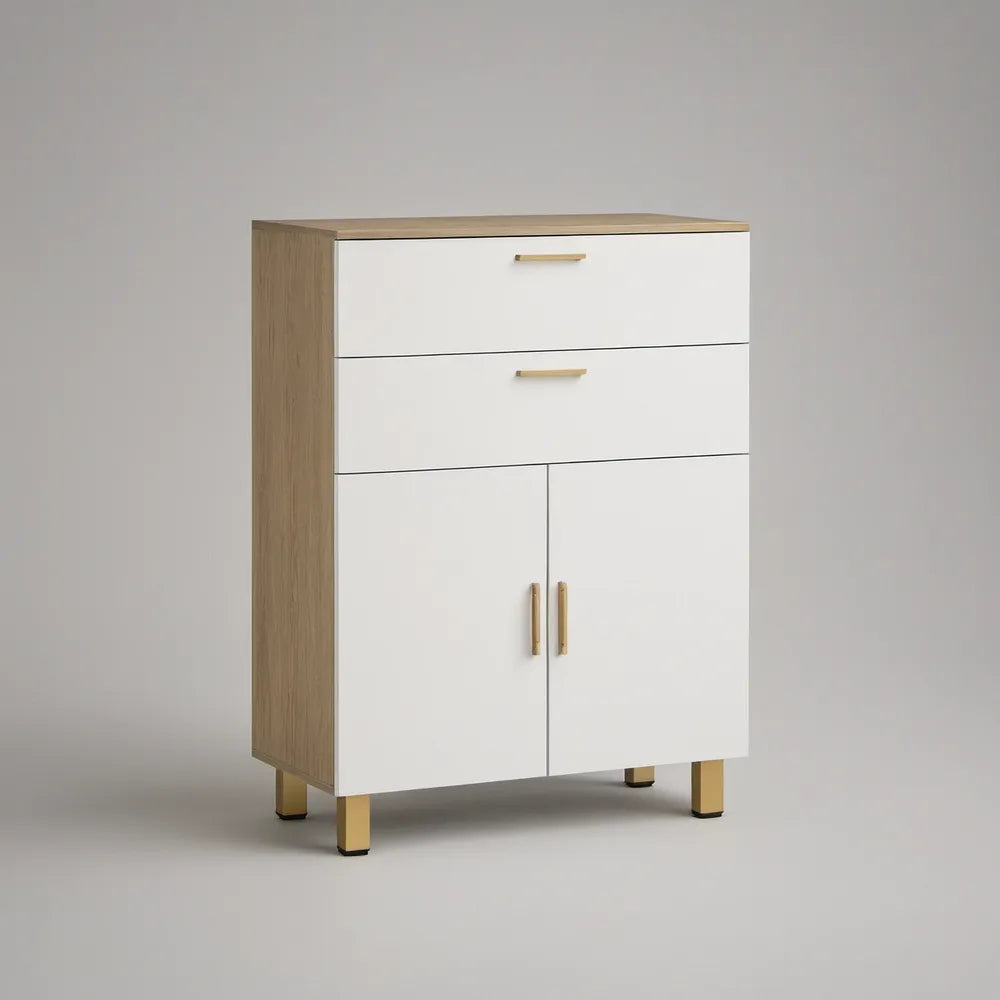 Armário para Casa de Banho em MDF Branco, Carvalho e Dourado com 2 Gavetas e 2 Portas, 80 x 40 x 100 cm