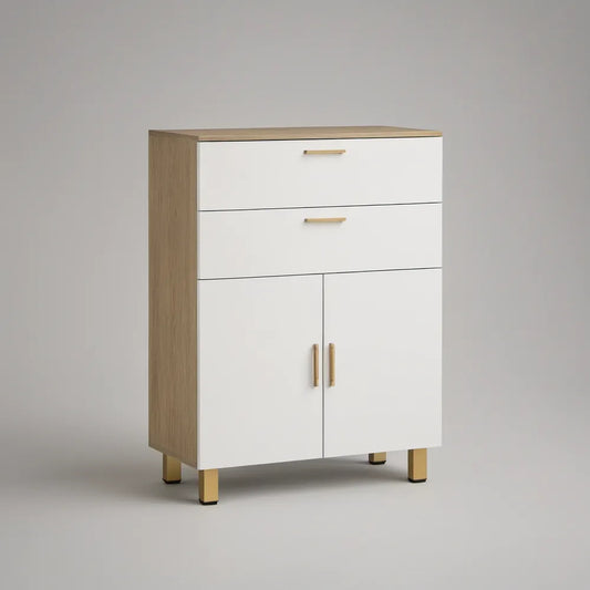 Armário para Casa de Banho em MDF Branco, Carvalho e Dourado com 2 Gavetas e 2 Portas, 80 x 40 x 100 cm