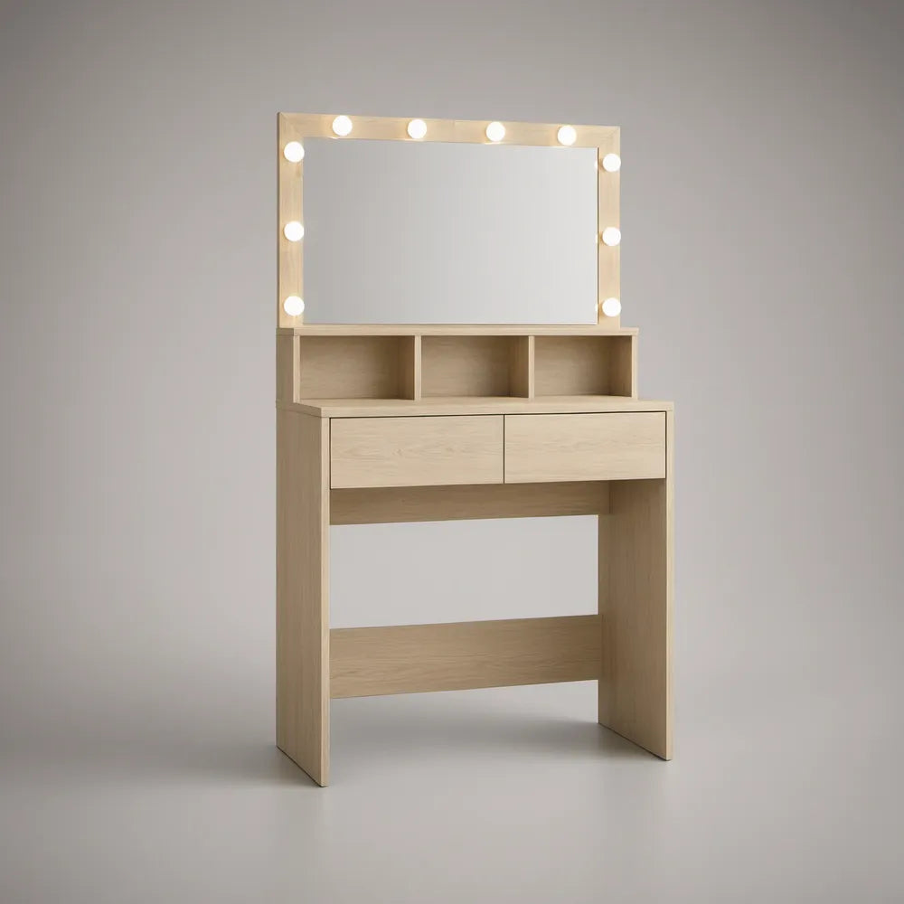 Toucador em MDF Carvalho Claro com Espelho LED Retangular, 90 x 40 x 145 cm