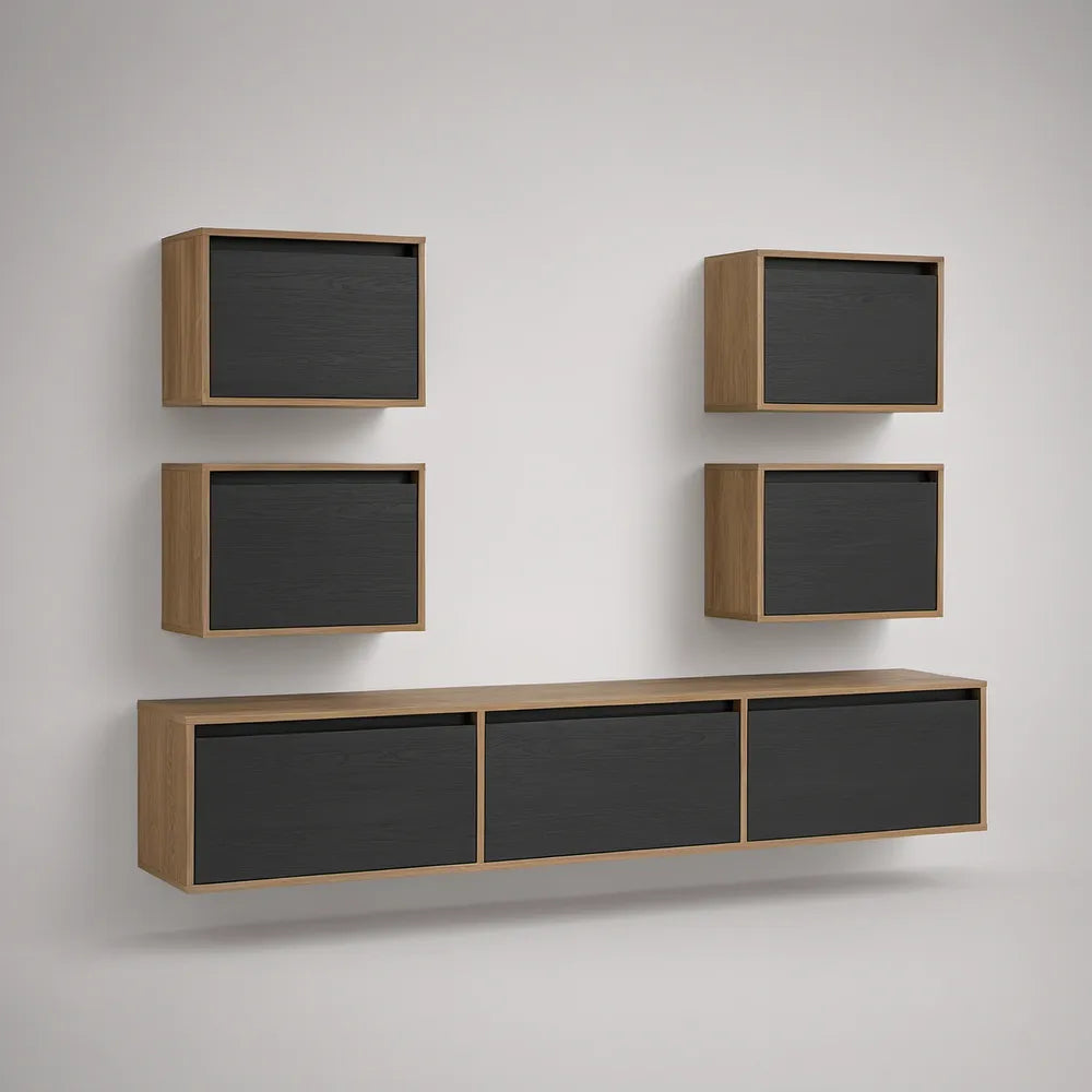 Conjunto Suspenso de 5 Módulos em Nogueira e Preto, Módulo Inferior 180 x 30 x 35 cm e Módulos Superiores 60 x 30 x 30 cm