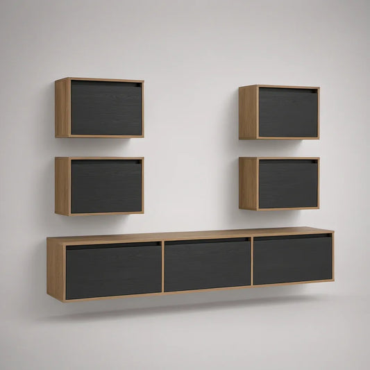 Conjunto Suspenso de 5 Módulos em Nogueira e Preto, Módulo Inferior 180 x 30 x 35 cm e Módulos Superiores 60 x 30 x 30 cm